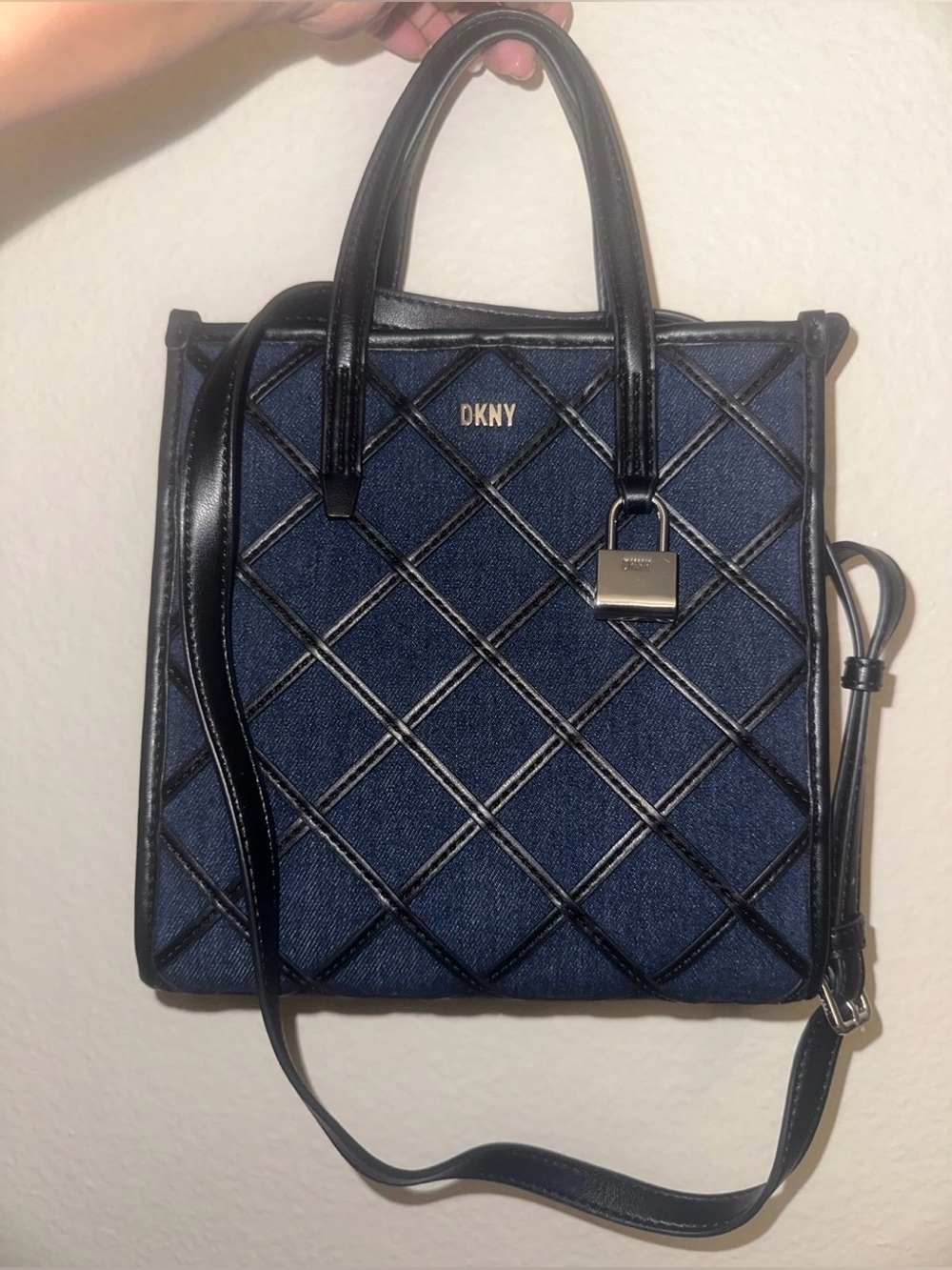DKNY Black and Dark Blue Denim Maze NS Mini Tote Crossbody Handbag